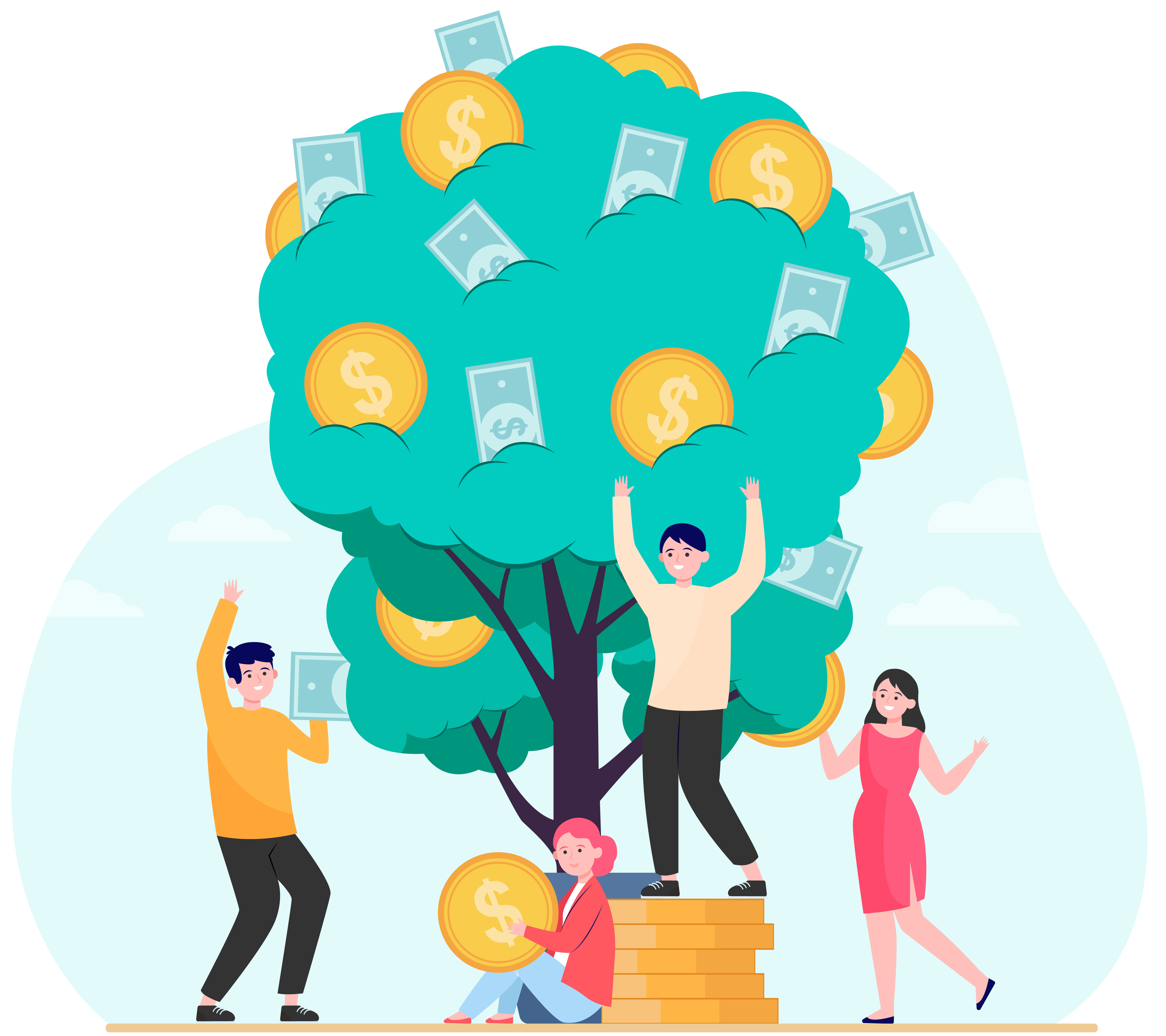 Finance, revenue, financial growth concept. Rich people growing plant with cash. Money tree metaphor for prosperity, wealth, investing topics illustrations